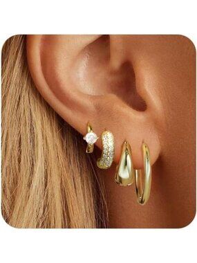 14K Gold Plated Lightweight Earrings Sets for Multiple Piercing Women Hoops